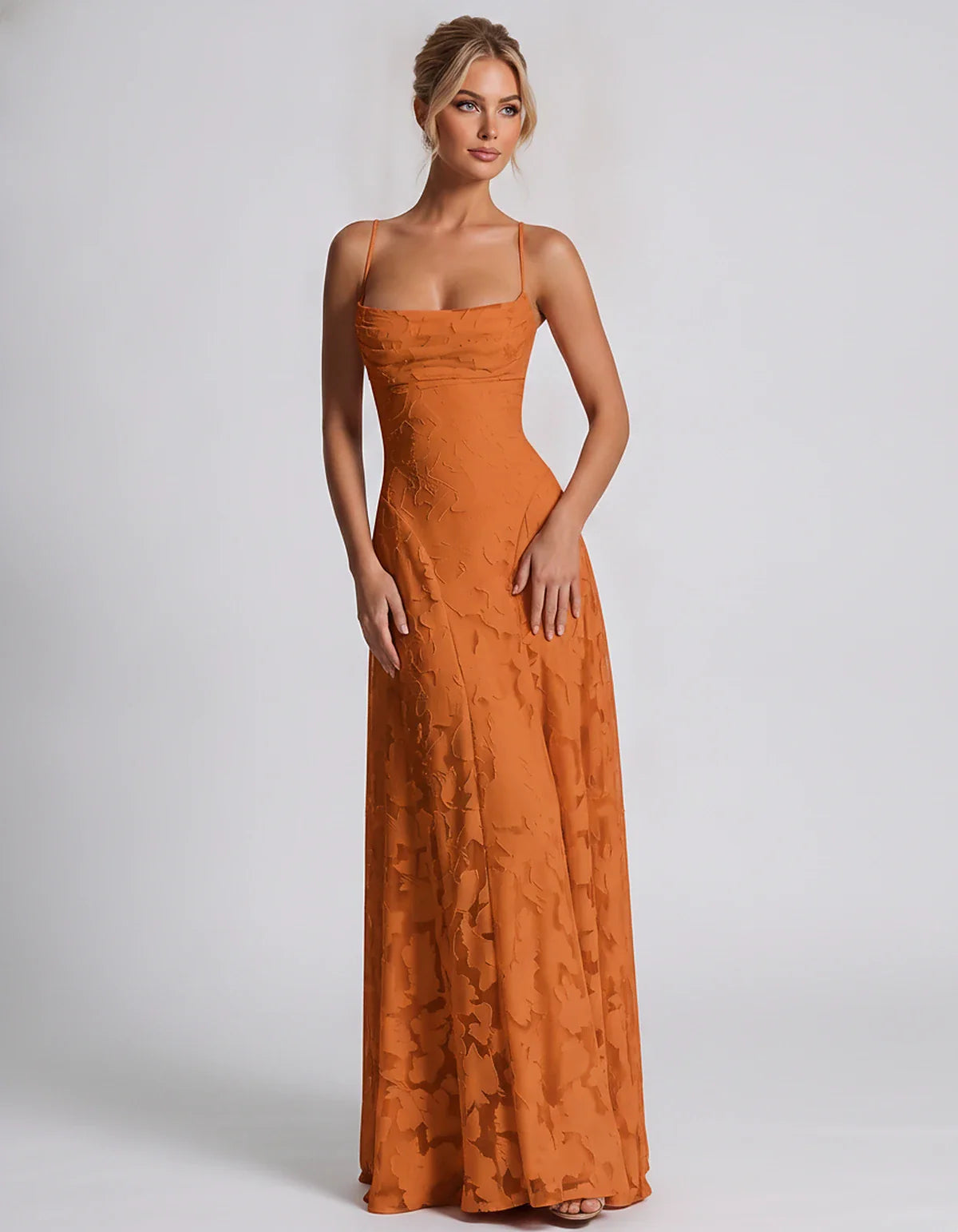 Floral Jacquard Spaghetti Strap Square Neck A-Line Maxi Dress for Party, Cocktail, Evening, Wedding Guest & Summer Events, fr | SKU: VMD-582741963085214-ORANGE-L,VMD-582741963085214-ORANGE-M,VMD-582741963085214-ORANGE-S,VMD-582741963085214-ORANGE-XL,VMD-582741963085214-ORANGE-XS