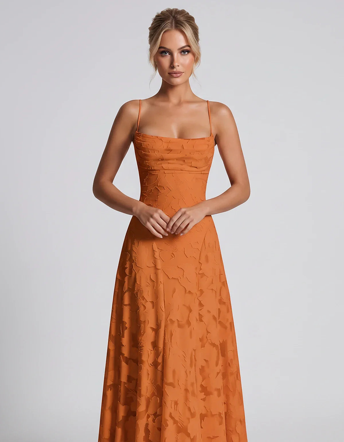 Floral Jacquard Spaghetti Strap Square Neck A-Line Maxi Dress for Party, Cocktail, Evening, Wedding Guest & Summer Events, fr | SKU: VMD-582741963085214-ORANGE-L,VMD-582741963085214-ORANGE-M,VMD-582741963085214-ORANGE-S,VMD-582741963085214-ORANGE-XL,VMD-582741963085214-ORANGE-XS