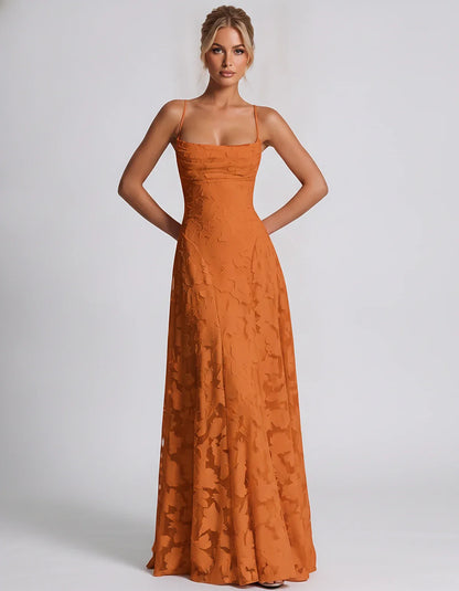 Floral Jacquard Spaghetti Strap Square Neck A-Line Maxi Dress for Party, Cocktail, Evening, Wedding Guest & Summer Events, fr | SKU: VMD-582741963085214-ORANGE-L,VMD-582741963085214-ORANGE-M,VMD-582741963085214-ORANGE-S,VMD-582741963085214-ORANGE-XL,VMD-582741963085214-ORANGE-XS
