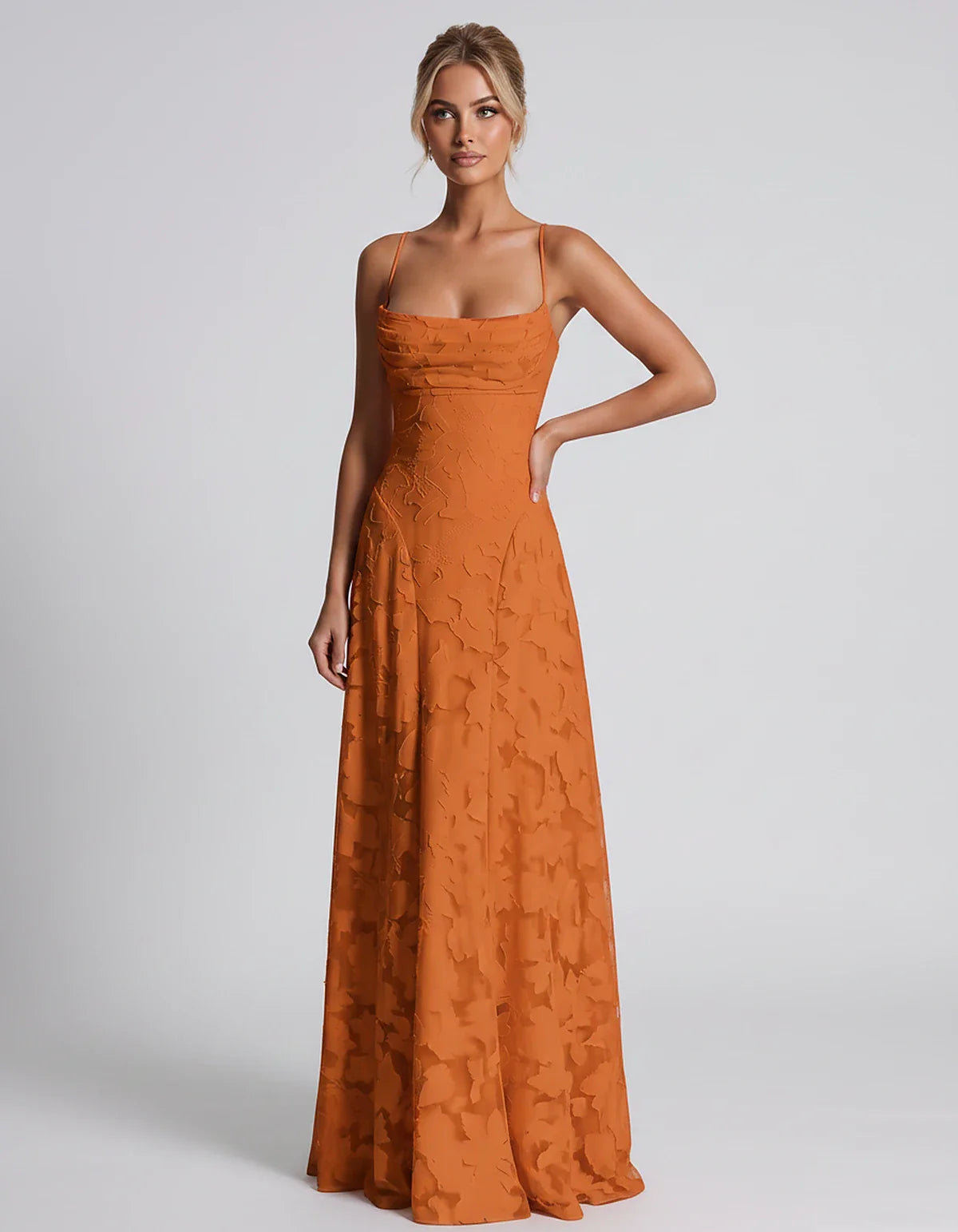 Floral Jacquard Spaghetti Strap Square Neck A-Line Maxi Dress for Party, Cocktail, Evening, Wedding Guest & Summer Events, fr | SKU: VMD-582741963085214-ORANGE-L,VMD-582741963085214-ORANGE-M,VMD-582741963085214-ORANGE-S,VMD-582741963085214-ORANGE-XL,VMD-582741963085214-ORANGE-XS