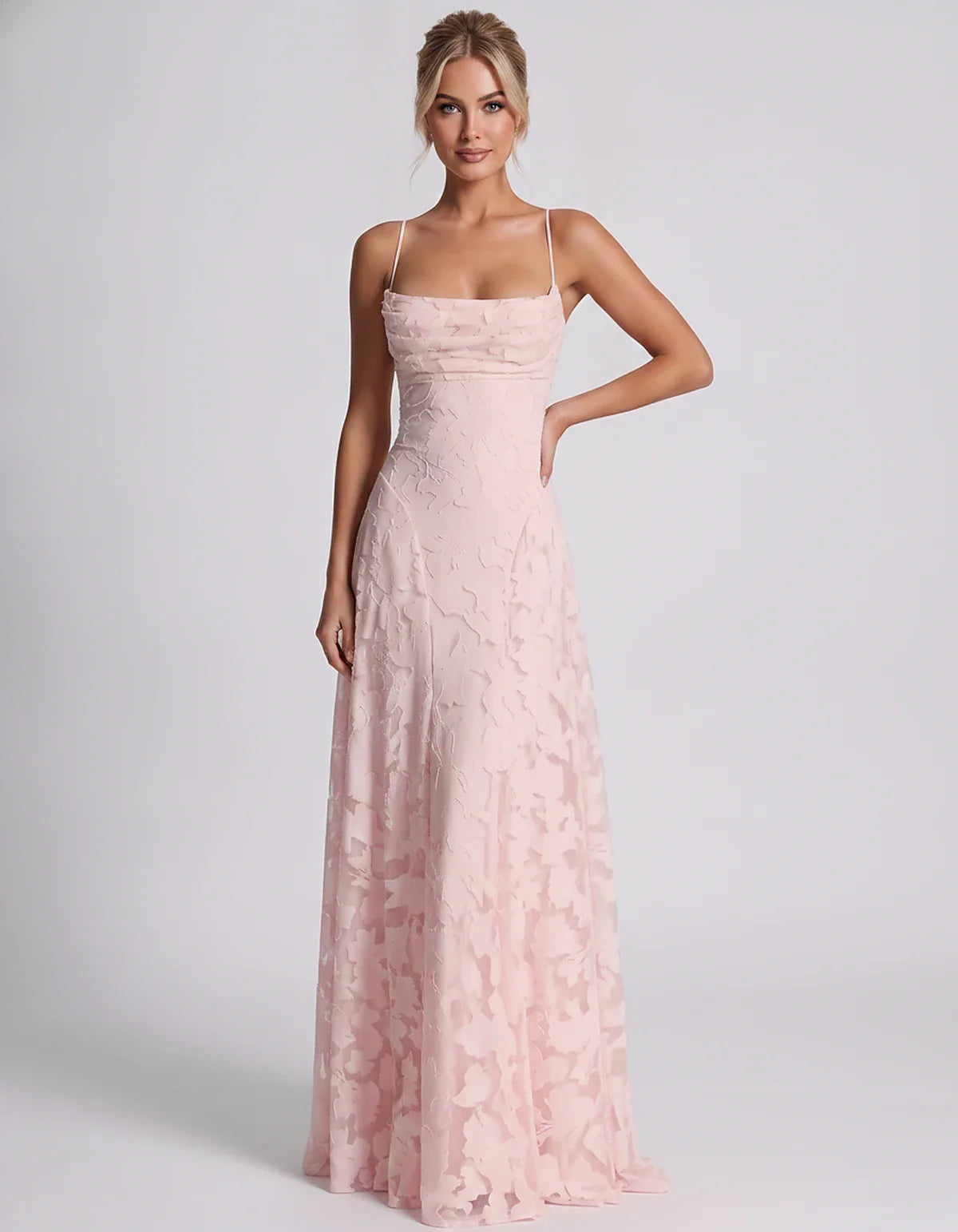 Floral Jacquard Spaghetti Strap Square Neck A-Line Maxi Dress for Party, Cocktail, Evening, Wedding Guest & Summer Events, fr | SKU: VMD-582741963085214-PINK-L,VMD-582741963085214-PINK-M,VMD-582741963085214-PINK-S,VMD-582741963085214-PINK-XL,VMD-582741963085214-PINK-XS