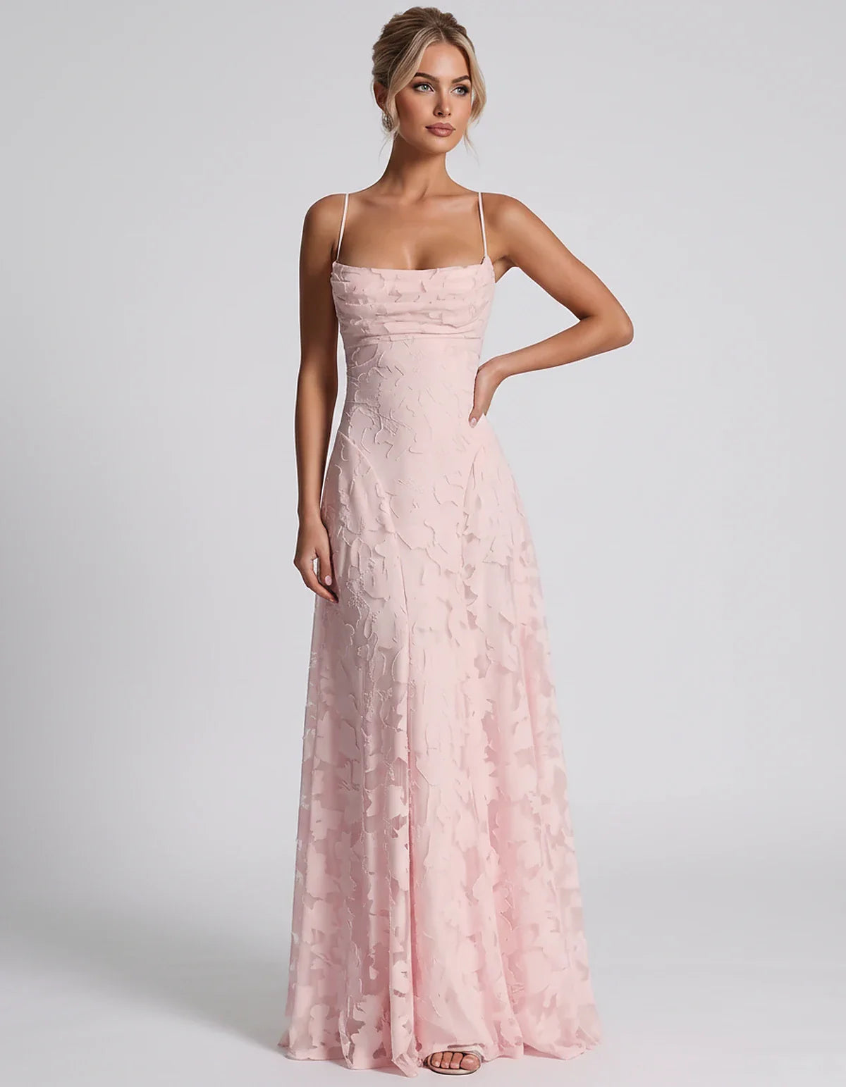 Floral Jacquard Spaghetti Strap Square Neck A-Line Maxi Dress for Party, Cocktail, Evening, Wedding Guest & Summer Events, fr | SKU: VMD-582741963085214-PINK-L,VMD-582741963085214-PINK-M,VMD-582741963085214-PINK-S,VMD-582741963085214-PINK-XL,VMD-582741963085214-PINK-XS