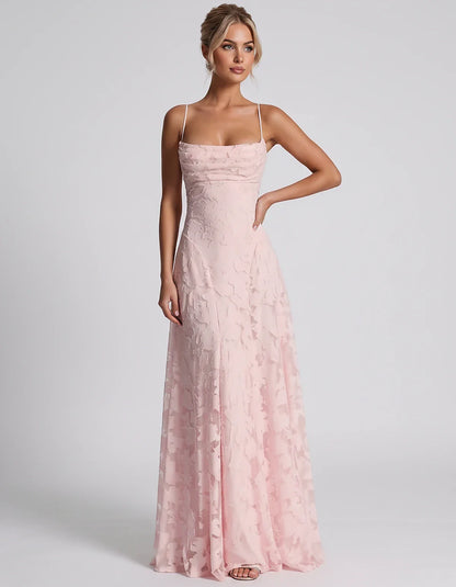 Floral Jacquard Spaghetti Strap Square Neck A-Line Maxi Dress for Party, Cocktail, Evening, Wedding Guest & Summer Events, fr | SKU: VMD-582741963085214-PINK-L,VMD-582741963085214-PINK-M,VMD-582741963085214-PINK-S,VMD-582741963085214-PINK-XL,VMD-582741963085214-PINK-XS