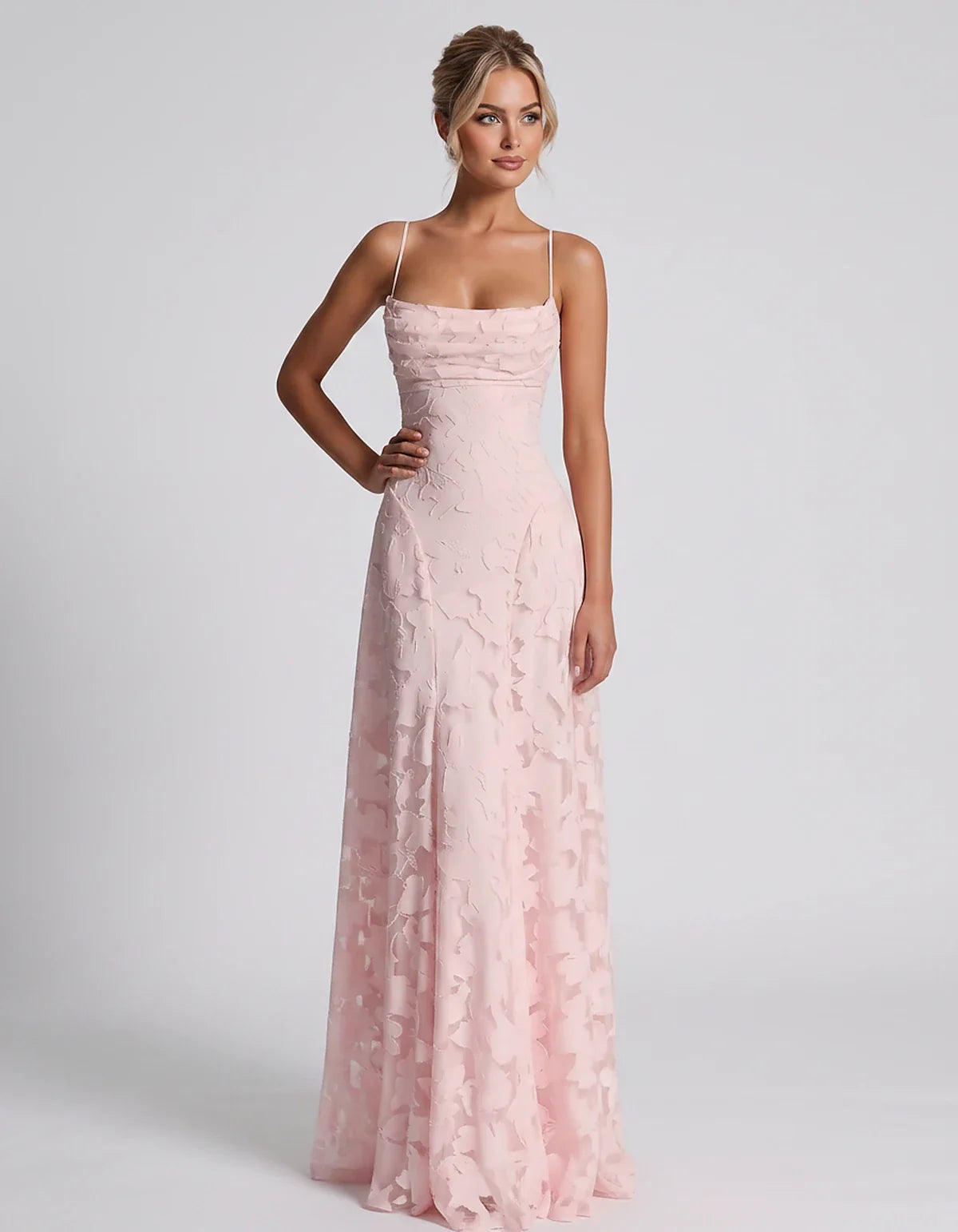 Floral Jacquard Spaghetti Strap Square Neck A-Line Maxi Dress for Party, Cocktail, Evening, Wedding Guest & Summer Events, fr | SKU: VMD-582741963085214-PINK-L,VMD-582741963085214-PINK-M,VMD-582741963085214-PINK-S,VMD-582741963085214-PINK-XL,VMD-582741963085214-PINK-XS