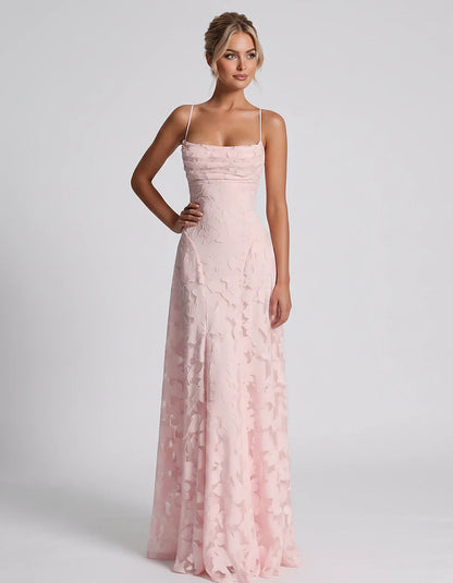 Floral Jacquard Spaghetti Strap Square Neck A-Line Maxi Dress for Party, Cocktail, Evening, Wedding Guest & Summer Events, fr | SKU: VMD-582741963085214-PINK-L,VMD-582741963085214-PINK-M,VMD-582741963085214-PINK-S,VMD-582741963085214-PINK-XL,VMD-582741963085214-PINK-XS