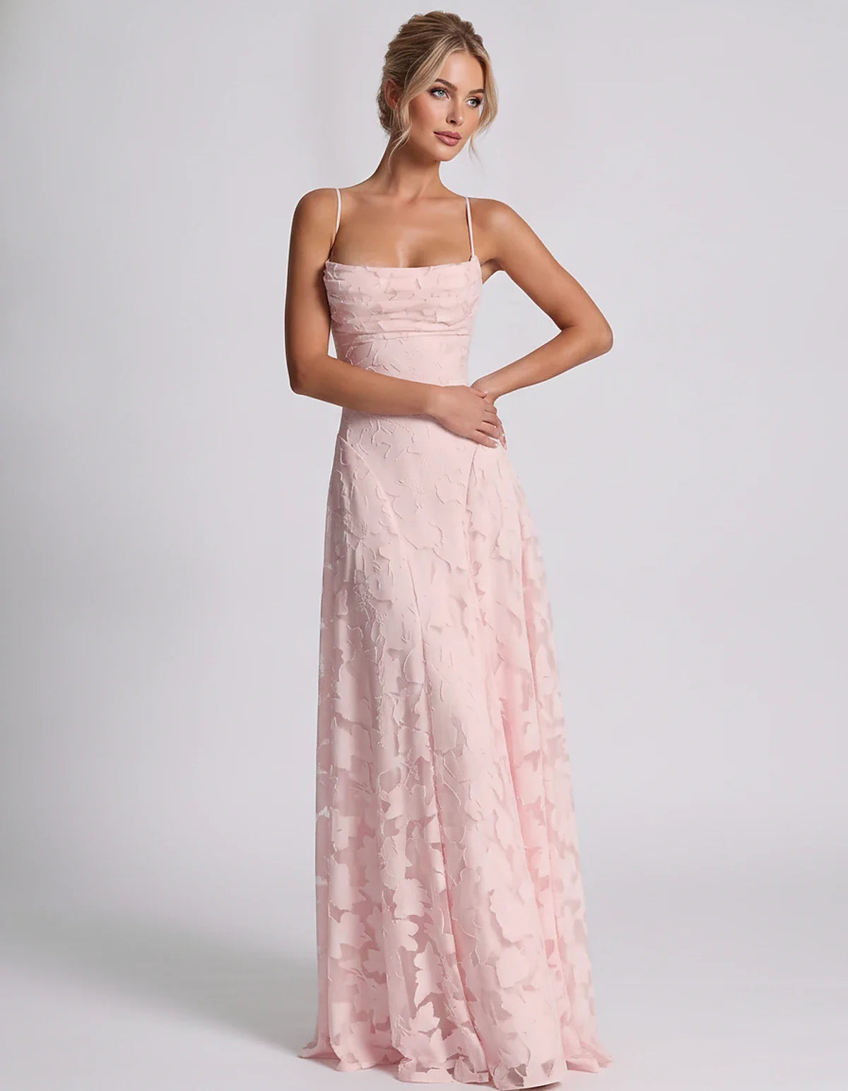 Floral Jacquard Spaghetti Strap Square Neck A-Line Maxi Dress for Party, Cocktail, Evening, Wedding Guest & Summer Events, fr | SKU: VMD-582741963085214-PINK-L,VMD-582741963085214-PINK-M,VMD-582741963085214-PINK-S,VMD-582741963085214-PINK-XL,VMD-582741963085214-PINK-XS