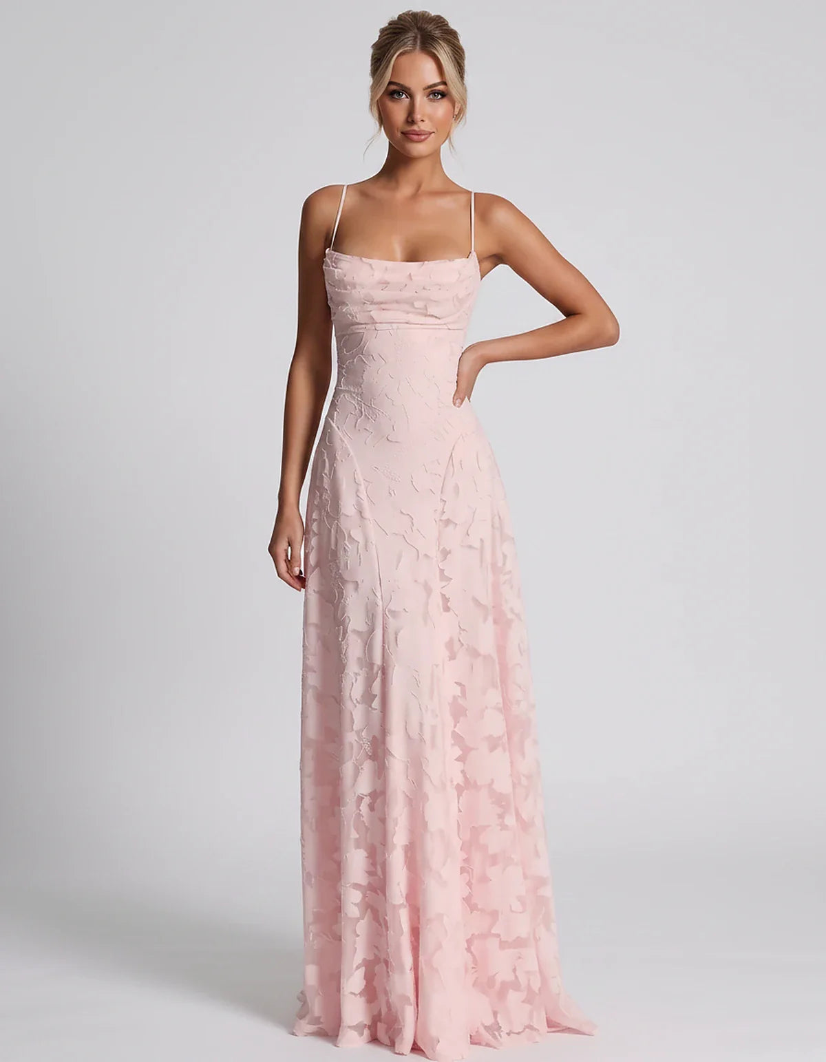Floral Jacquard Spaghetti Strap Square Neck A-Line Maxi Dress for Party, Cocktail, Evening, Wedding Guest & Summer Events, fr | SKU: VMD-582741963085214-PINK-L,VMD-582741963085214-PINK-M,VMD-582741963085214-PINK-S,VMD-582741963085214-PINK-XL,VMD-582741963085214-PINK-XS