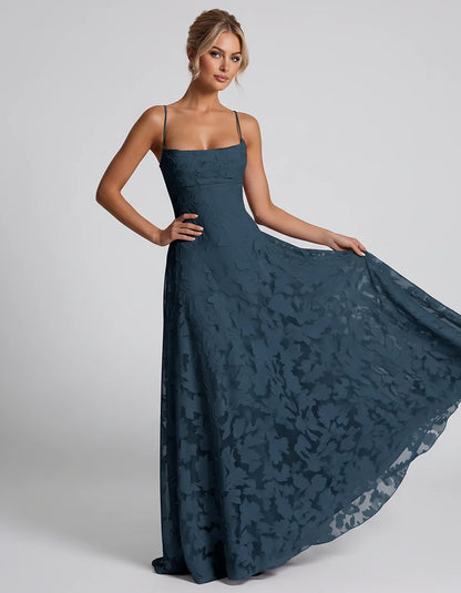Floral Jacquard Spaghetti Strap Square Neck A-Line Maxi Dress for Party, Cocktail, Evening, Wedding Guest & Summer Events, fr | SKU: VMD-582741963085214-NAVY-L,VMD-582741963085214-NAVY-M,VMD-582741963085214-NAVY-S,VMD-582741963085214-NAVY-XL,VMD-582741963085214-NAVY-XS