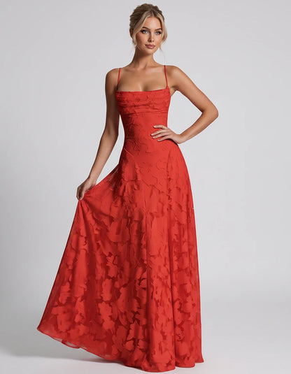 Floral Jacquard Spaghetti Strap Square Neck A-Line Maxi Dress for Party, Cocktail, Evening, Wedding Guest & Summer Events, fr | SKU: VMD-582741963085214-RED-L,VMD-582741963085214-RED-M,VMD-582741963085214-RED-S,VMD-582741963085214-RED-XL,VMD-582741963085214-RED-XS