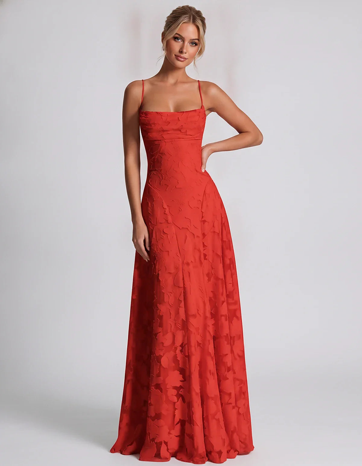 Floral Jacquard Spaghetti Strap Square Neck A-Line Maxi Dress for Party, Cocktail, Evening, Wedding Guest & Summer Events, fr | SKU: VMD-582741963085214-RED-L,VMD-582741963085214-RED-M,VMD-582741963085214-RED-S,VMD-582741963085214-RED-XL,VMD-582741963085214-RED-XS