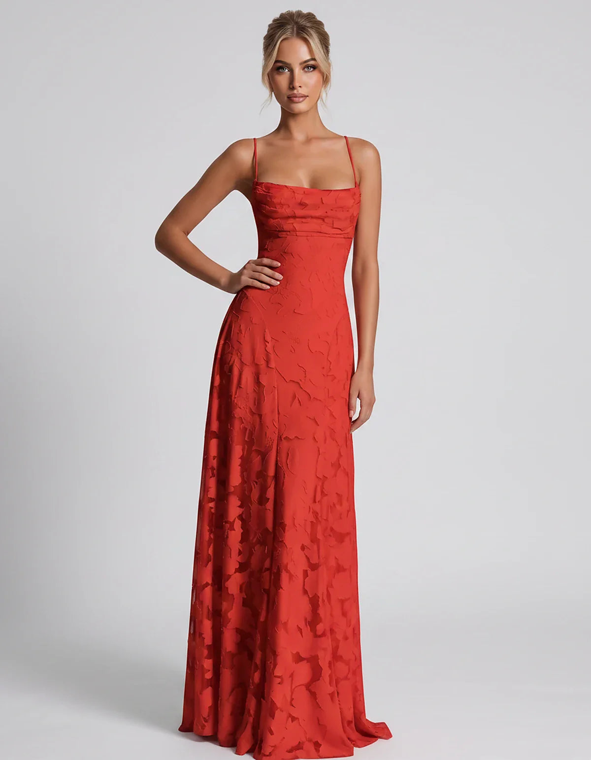 Floral Jacquard Spaghetti Strap Square Neck A-Line Maxi Dress for Party, Cocktail, Evening, Wedding Guest & Summer Events, fr | SKU: VMD-582741963085214-RED-L,VMD-582741963085214-RED-M,VMD-582741963085214-RED-S,VMD-582741963085214-RED-XL,VMD-582741963085214-RED-XS