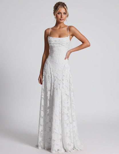 Floral Jacquard Spaghetti Strap Square Neck A-Line Maxi Dress for Party, Cocktail, Evening, Wedding Guest & Summer Events, fr | SKU: VMD-582741963085214-WHITE-L,VMD-582741963085214-WHITE-M,VMD-582741963085214-WHITE-S,VMD-582741963085214-WHITE-XL,VMD-582741963085214-WHITE-XS