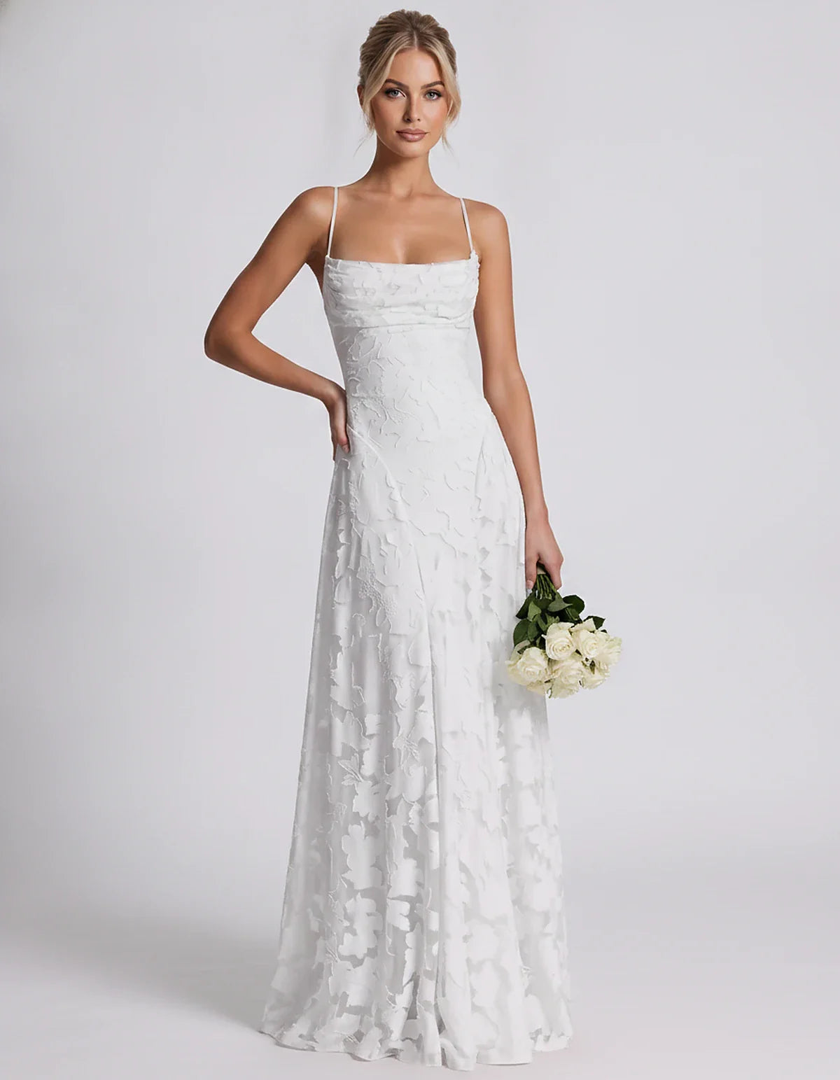Floral Jacquard Spaghetti Strap Square Neck A-Line Maxi Dress for Party, Cocktail, Evening, Wedding Guest & Summer Events, fr | SKU: VMD-582741963085214-WHITE-L,VMD-582741963085214-WHITE-M,VMD-582741963085214-WHITE-S,VMD-582741963085214-WHITE-XL,VMD-582741963085214-WHITE-XS