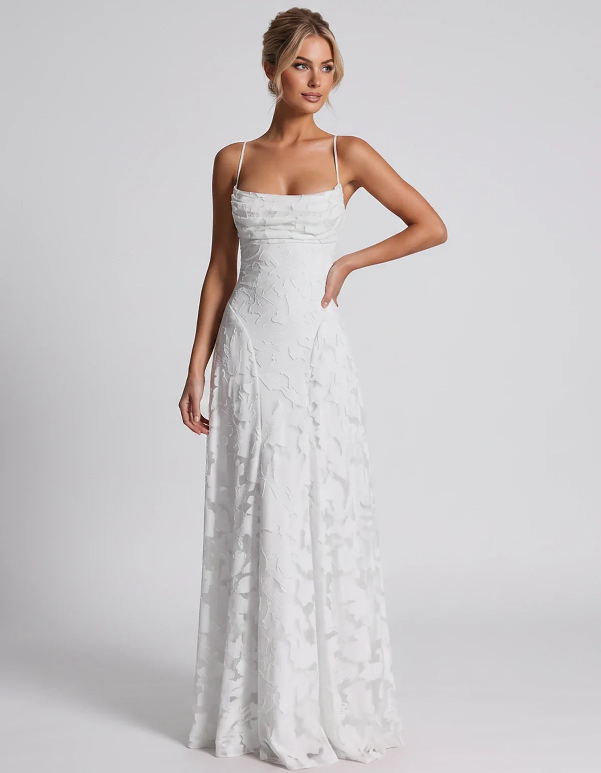 Floral Jacquard Spaghetti Strap Square Neck A-Line Maxi Dress for Party, Cocktail, Evening, Wedding Guest & Summer Events, fr | SKU: VMD-582741963085214-WHITE-L,VMD-582741963085214-WHITE-M,VMD-582741963085214-WHITE-S,VMD-582741963085214-WHITE-XL,VMD-582741963085214-WHITE-XS