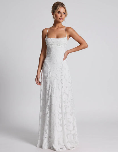 Floral Jacquard Spaghetti Strap Square Neck A-Line Maxi Dress for Party, Cocktail, Evening, Wedding Guest & Summer Events, fr | SKU: VMD-582741963085214-WHITE-L,VMD-582741963085214-WHITE-M,VMD-582741963085214-WHITE-S,VMD-582741963085214-WHITE-XL,VMD-582741963085214-WHITE-XS