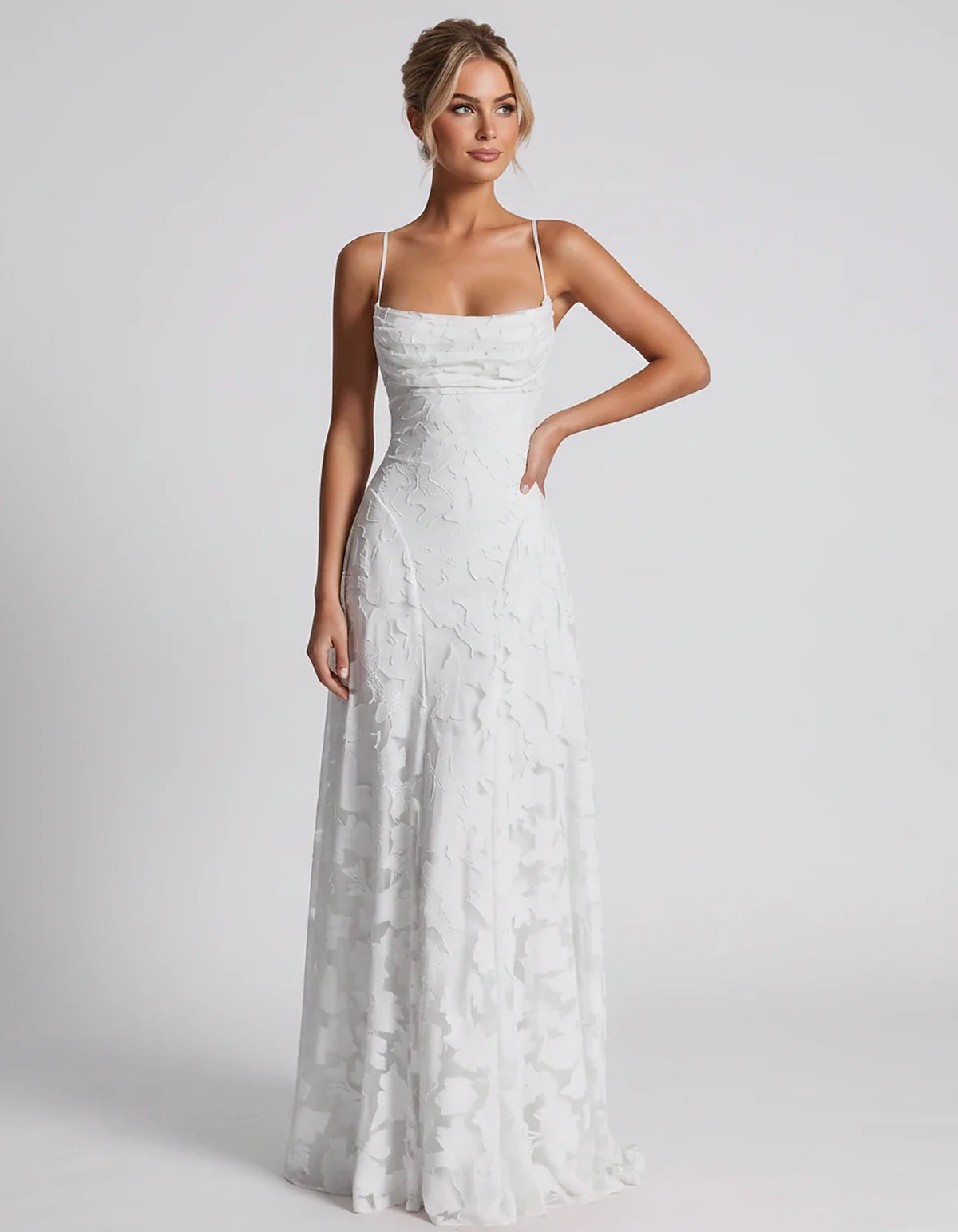 Floral Jacquard Spaghetti Strap Square Neck A-Line Maxi Dress for Party, Cocktail, Evening, Wedding Guest & Summer Events, fr | SKU: VMD-582741963085214-WHITE-L,VMD-582741963085214-WHITE-M,VMD-582741963085214-WHITE-S,VMD-582741963085214-WHITE-XL,VMD-582741963085214-WHITE-XS