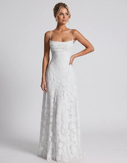 Floral Jacquard Spaghetti Strap Square Neck A-Line Maxi Dress for Party, Cocktail, Evening, Wedding Guest & Summer Events, fr | SKU: VMD-582741963085214-WHITE-L,VMD-582741963085214-WHITE-M,VMD-582741963085214-WHITE-S,VMD-582741963085214-WHITE-XL,VMD-582741963085214-WHITE-XS