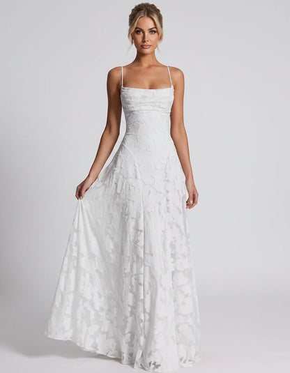Floral Jacquard Spaghetti Strap Square Neck A-Line Maxi Dress for Party, Cocktail, Evening, Wedding Guest & Summer Events, fr | SKU: VMD-582741963085214-WHITE-L,VMD-582741963085214-WHITE-M,VMD-582741963085214-WHITE-S,VMD-582741963085214-WHITE-XL,VMD-582741963085214-WHITE-XS