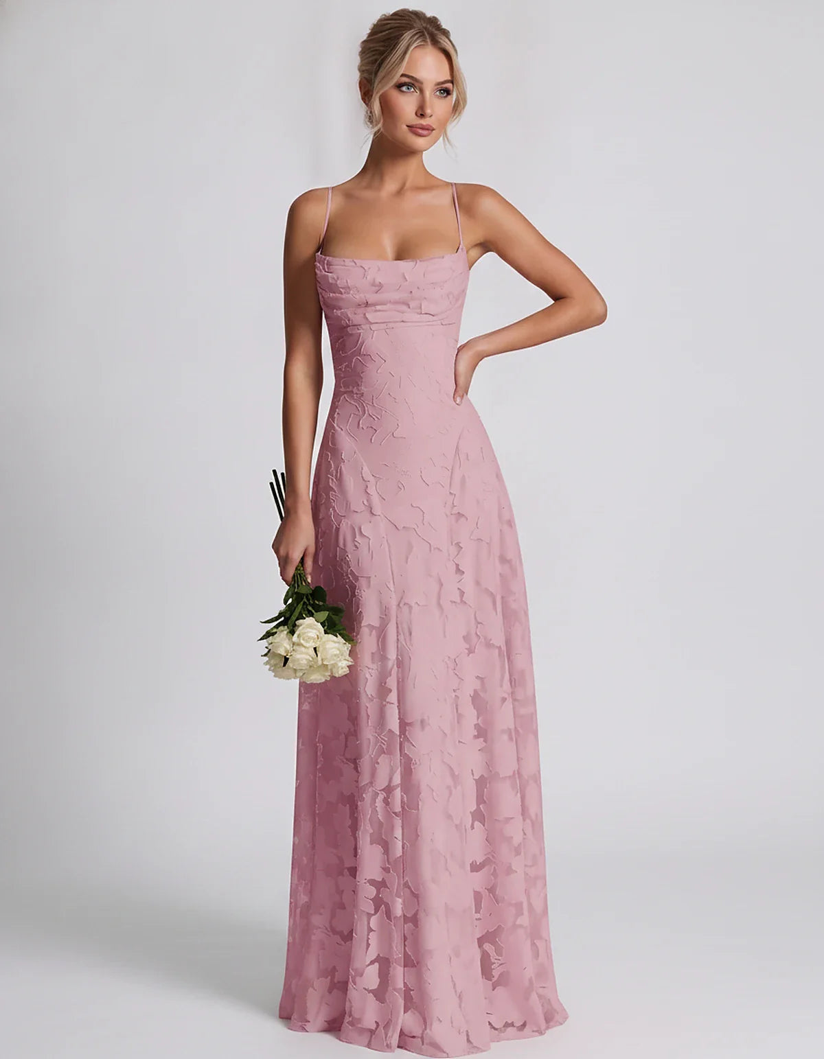 Floral Jacquard Spaghetti Strap Square Neck A-Line Maxi Dress for Party, Cocktail, Evening, Wedding Guest & Summer Events, fr | SKU: VMD-582741963085214-DUSTYROSE-L,VMD-582741963085214-DUSTYROSE-M,VMD-582741963085214-DUSTYROSE-S,VMD-582741963085214-DUSTYROSE-XL,VMD-582741963085214-DUSTYROSE-XS