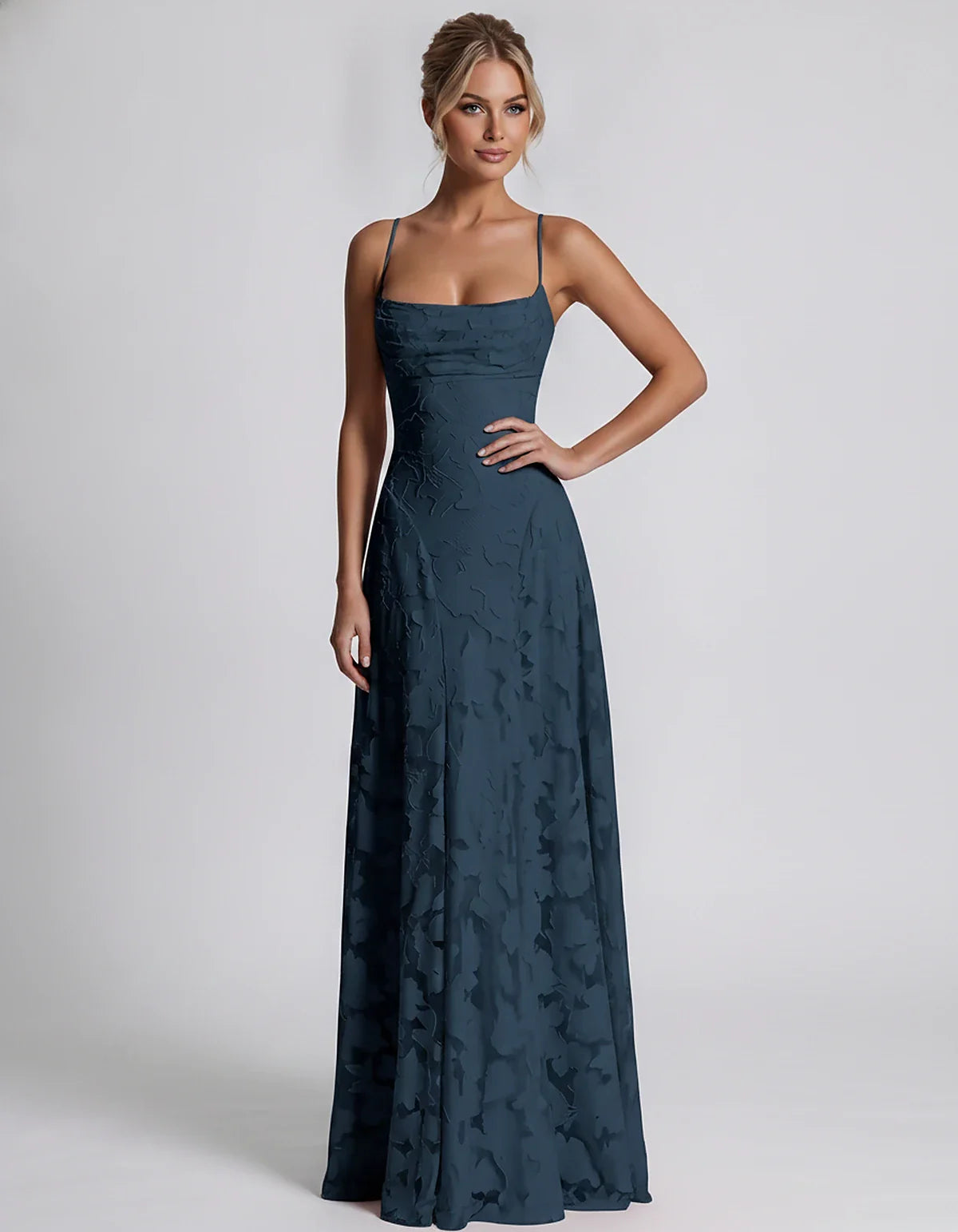 Floral Jacquard Spaghetti Strap Square Neck A-Line Maxi Dress for Party, Cocktail, Evening, Wedding Guest & Summer Events, fr | SKU: VMD-582741963085214-NAVY-L,VMD-582741963085214-NAVY-M,VMD-582741963085214-NAVY-S,VMD-582741963085214-NAVY-XL,VMD-582741963085214-NAVY-XS