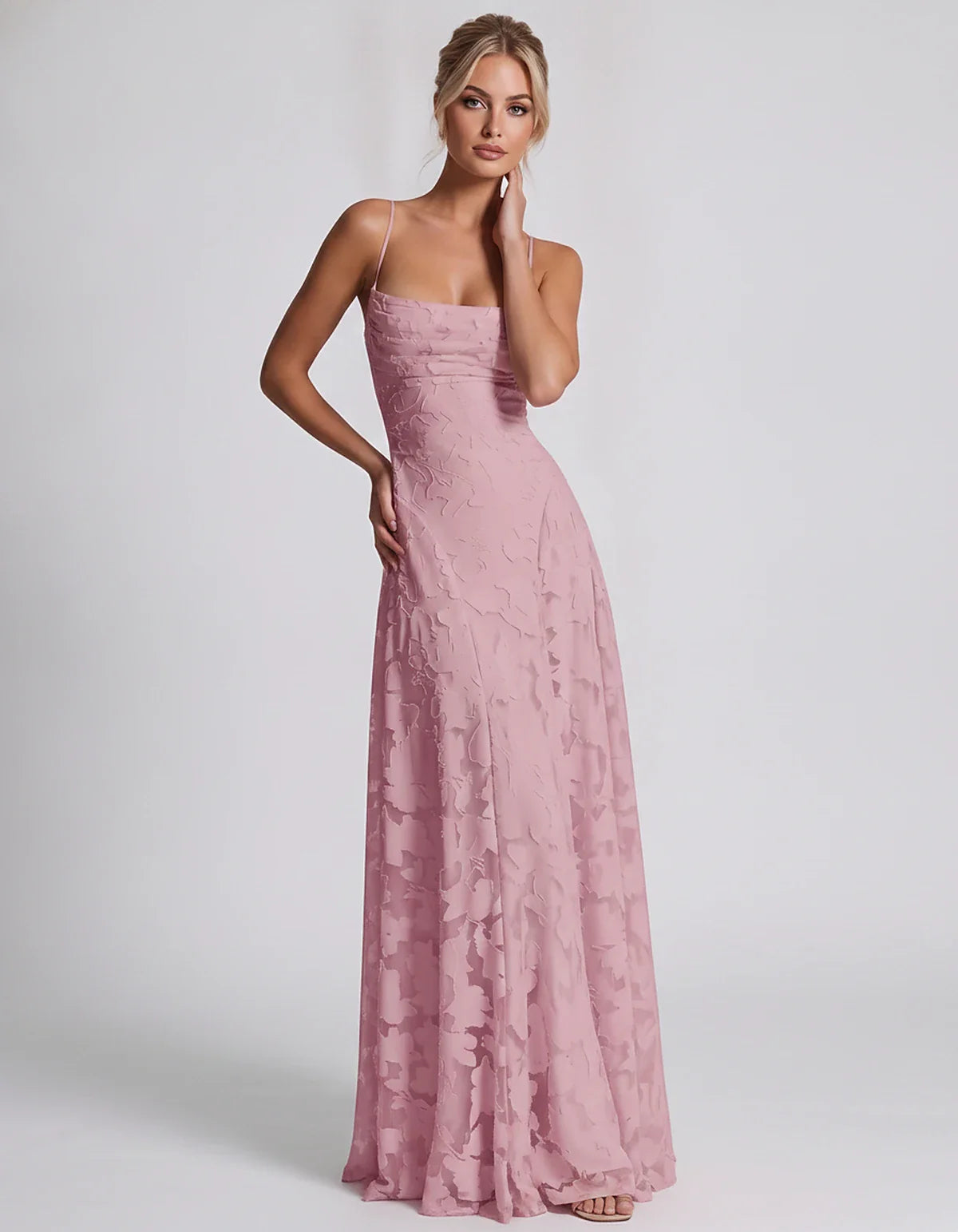 Floral Jacquard Spaghetti Strap Square Neck A-Line Maxi Dress for Party, Cocktail, Evening, Wedding Guest & Summer Events, fr | SKU: VMD-582741963085214-DUSTYROSE-L,VMD-582741963085214-DUSTYROSE-M,VMD-582741963085214-DUSTYROSE-S,VMD-582741963085214-DUSTYROSE-XL,VMD-582741963085214-DUSTYROSE-XS