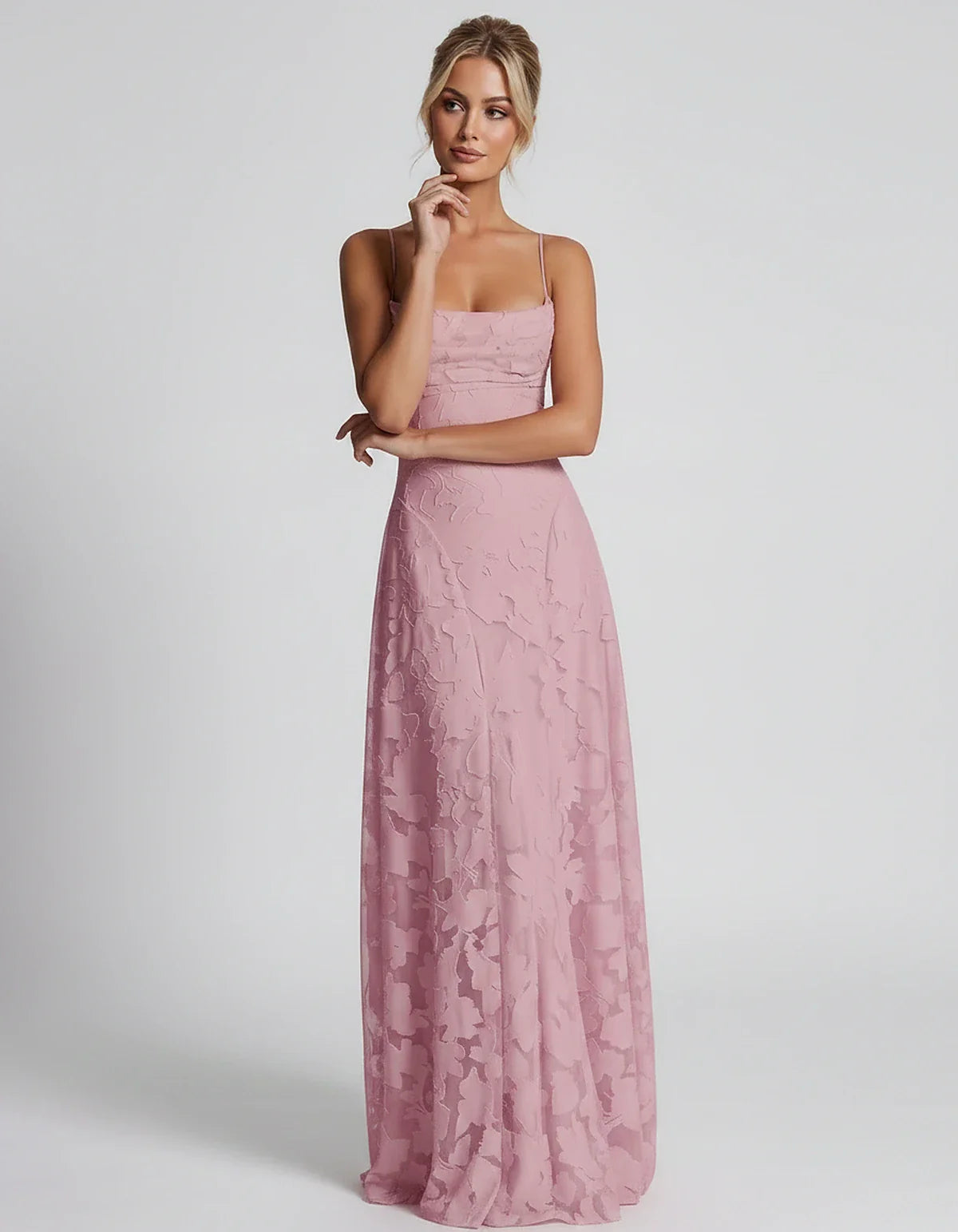 Floral Jacquard Spaghetti Strap Square Neck A-Line Maxi Dress for Party, Cocktail, Evening, Wedding Guest & Summer Events, fr | SKU: VMD-582741963085214-DUSTYROSE-L,VMD-582741963085214-DUSTYROSE-M,VMD-582741963085214-DUSTYROSE-S,VMD-582741963085214-DUSTYROSE-XL,VMD-582741963085214-DUSTYROSE-XS