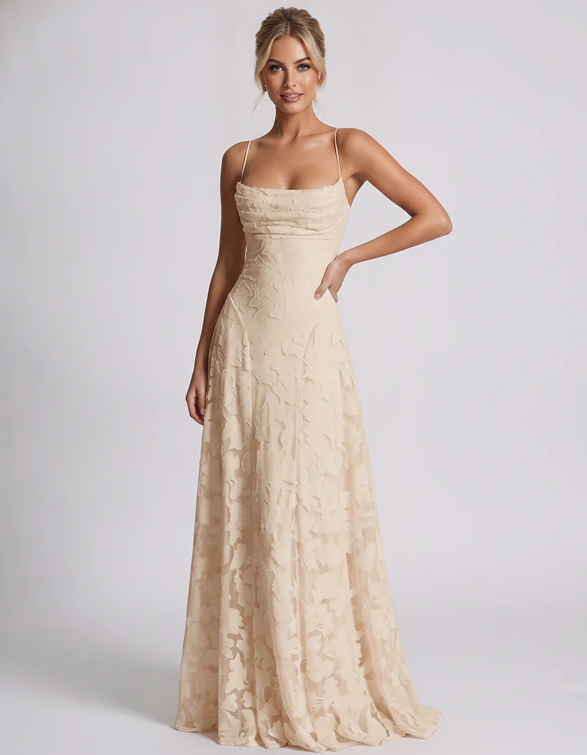 Floral Jacquard Spaghetti Strap Square Neck A-Line Maxi Dress for Party, Cocktail, Evening, Wedding Guest & Summer Events, fr | SKU: VMD-582741963085214-CHAMPAGNE-L,VMD-582741963085214-CHAMPAGNE-M,VMD-582741963085214-CHAMPAGNE-S,VMD-582741963085214-CHAMPAGNE-XL,VMD-582741963085214-CHAMPAGNE-XS
