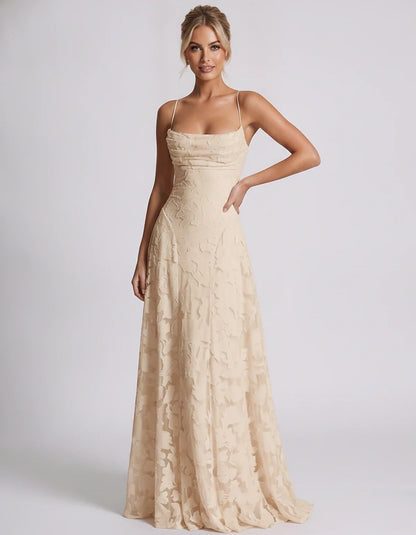 Floral Jacquard Spaghetti Strap Square Neck A-Line Maxi Dress for Party, Cocktail, Evening, Wedding Guest & Summer Events, fr | SKU: VMD-582741963085214-CHAMPAGNE-L,VMD-582741963085214-CHAMPAGNE-M,VMD-582741963085214-CHAMPAGNE-S,VMD-582741963085214-CHAMPAGNE-XL,VMD-582741963085214-CHAMPAGNE-XS