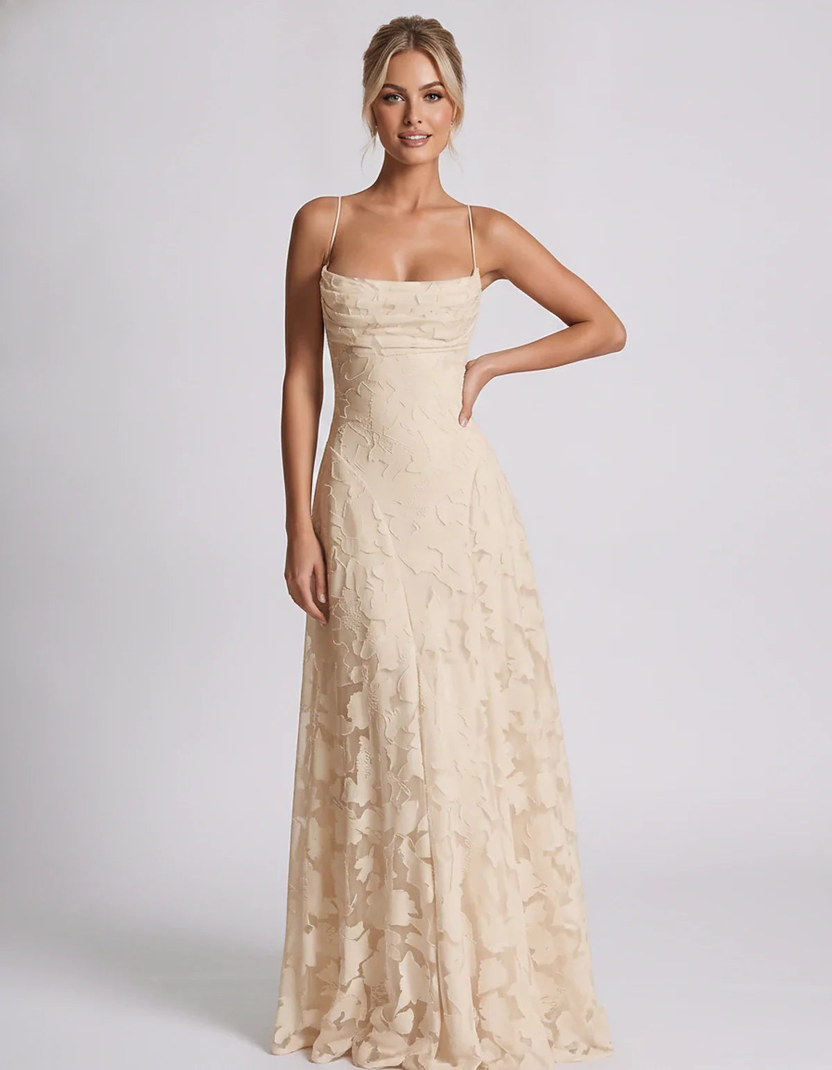 Floral Jacquard Spaghetti Strap Square Neck A-Line Maxi Dress for Party, Cocktail, Evening, Wedding Guest & Summer Events, fr | SKU: VMD-582741963085214-CHAMPAGNE-L,VMD-582741963085214-CHAMPAGNE-M,VMD-582741963085214-CHAMPAGNE-S,VMD-582741963085214-CHAMPAGNE-XL,VMD-582741963085214-CHAMPAGNE-XS