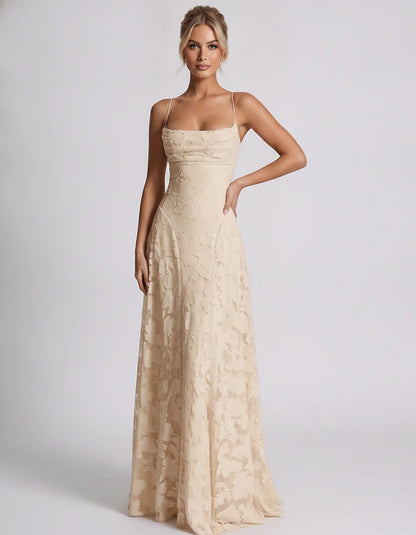 Floral Jacquard Spaghetti Strap Square Neck A-Line Maxi Dress for Party, Cocktail, Evening, Wedding Guest & Summer Events, fr | SKU: VMD-582741963085214-CHAMPAGNE-L,VMD-582741963085214-CHAMPAGNE-M,VMD-582741963085214-CHAMPAGNE-S,VMD-582741963085214-CHAMPAGNE-XL,VMD-582741963085214-CHAMPAGNE-XS