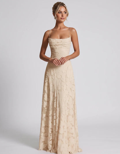 Floral Jacquard Spaghetti Strap Square Neck A-Line Maxi Dress for Party, Cocktail, Evening, Wedding Guest & Summer Events, fr | SKU: VMD-582741963085214-CHAMPAGNE-L,VMD-582741963085214-CHAMPAGNE-M,VMD-582741963085214-CHAMPAGNE-S,VMD-582741963085214-CHAMPAGNE-XL,VMD-582741963085214-CHAMPAGNE-XS