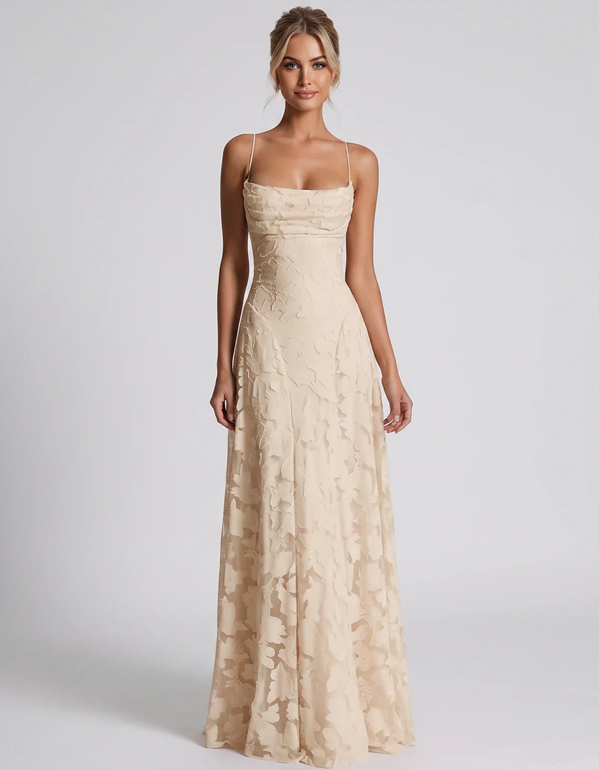Floral Jacquard Spaghetti Strap Square Neck A-Line Maxi Dress for Party, Cocktail, Evening, Wedding Guest & Summer Events, fr | SKU: VMD-582741963085214-CHAMPAGNE-L,VMD-582741963085214-CHAMPAGNE-M,VMD-582741963085214-CHAMPAGNE-S,VMD-582741963085214-CHAMPAGNE-XL,VMD-582741963085214-CHAMPAGNE-XS