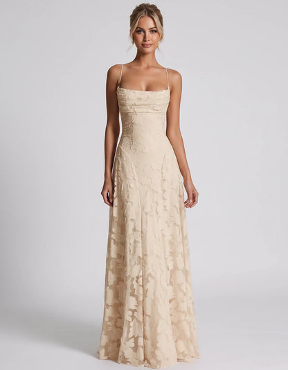 Floral Jacquard Spaghetti Strap Square Neck A-Line Maxi Dress for Party, Cocktail, Evening, Wedding Guest & Summer Events, fr | SKU: VMD-582741963085214-CHAMPAGNE-L,VMD-582741963085214-CHAMPAGNE-M,VMD-582741963085214-CHAMPAGNE-S,VMD-582741963085214-CHAMPAGNE-XL,VMD-582741963085214-CHAMPAGNE-XS