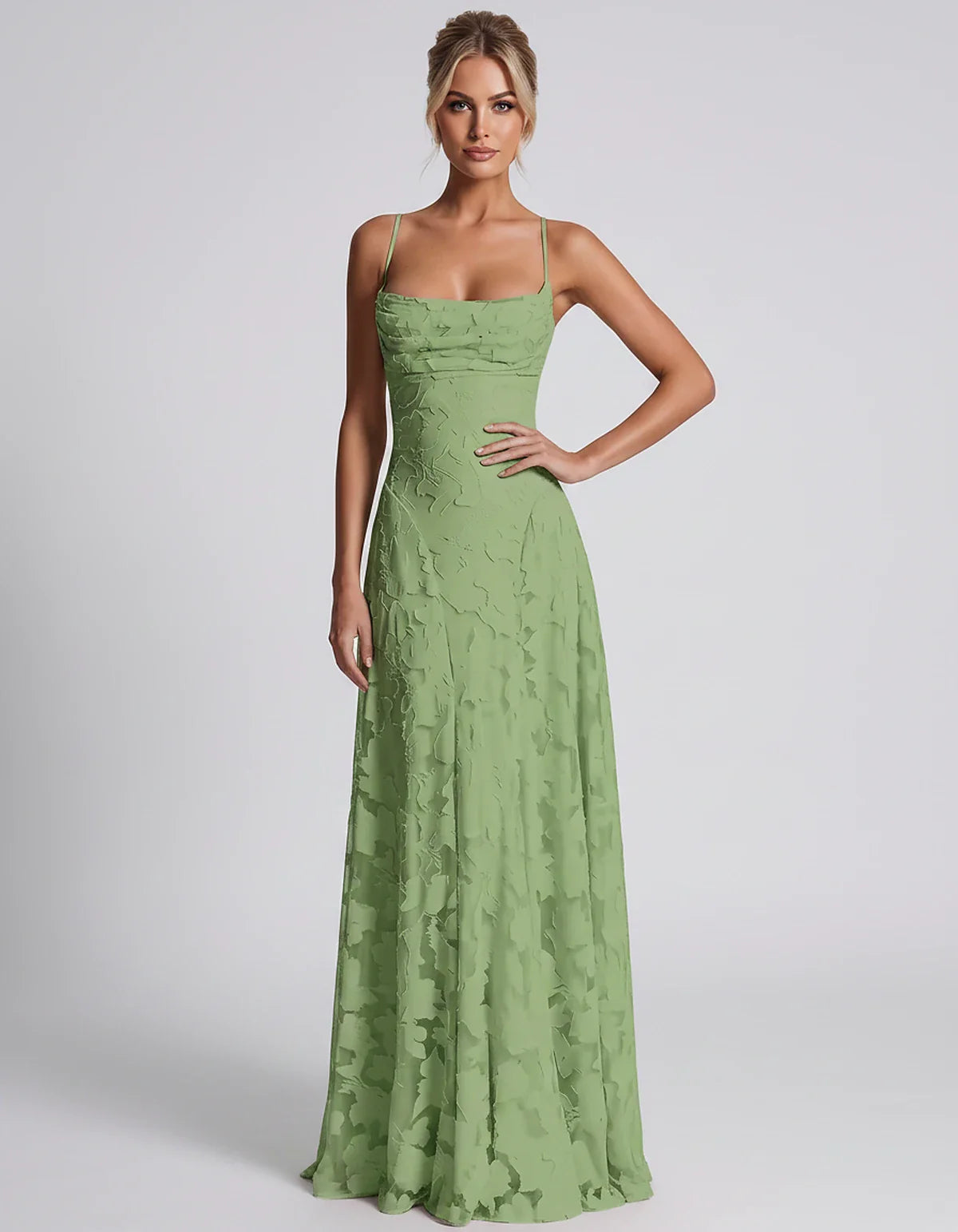 Floral Jacquard Spaghetti Strap Square Neck A-Line Maxi Dress for Party, Cocktail, Evening, Wedding Guest & Summer Events, fr | SKU: VMD-582741963085214-SAGE-L,VMD-582741963085214-SAGE-M,VMD-582741963085214-SAGE-S,VMD-582741963085214-SAGE-XL,VMD-582741963085214-SAGE-XS