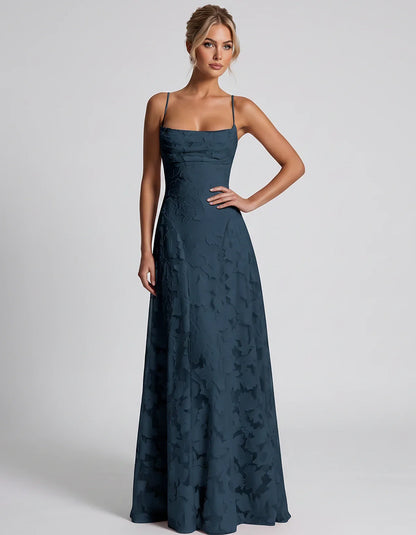 Floral Jacquard Spaghetti Strap Square Neck A-Line Maxi Dress for Party, Cocktail, Evening, Wedding Guest & Summer Events, fr | SKU: VMD-582741963085214-NAVY-L,VMD-582741963085214-NAVY-M,VMD-582741963085214-NAVY-S,VMD-582741963085214-NAVY-XL,VMD-582741963085214-NAVY-XS