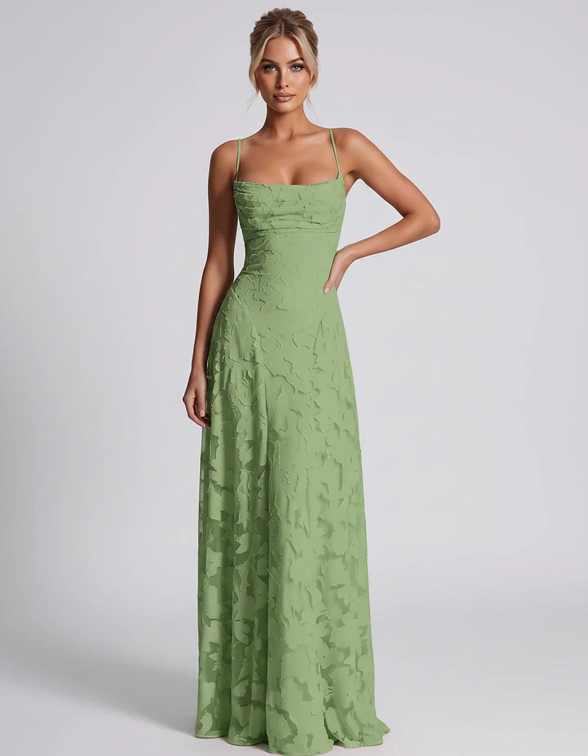 Floral Jacquard Spaghetti Strap Square Neck A-Line Maxi Dress for Party, Cocktail, Evening, Wedding Guest & Summer Events, fr | SKU: VMD-582741963085214-SAGE-L,VMD-582741963085214-SAGE-M,VMD-582741963085214-SAGE-S,VMD-582741963085214-SAGE-XL,VMD-582741963085214-SAGE-XS