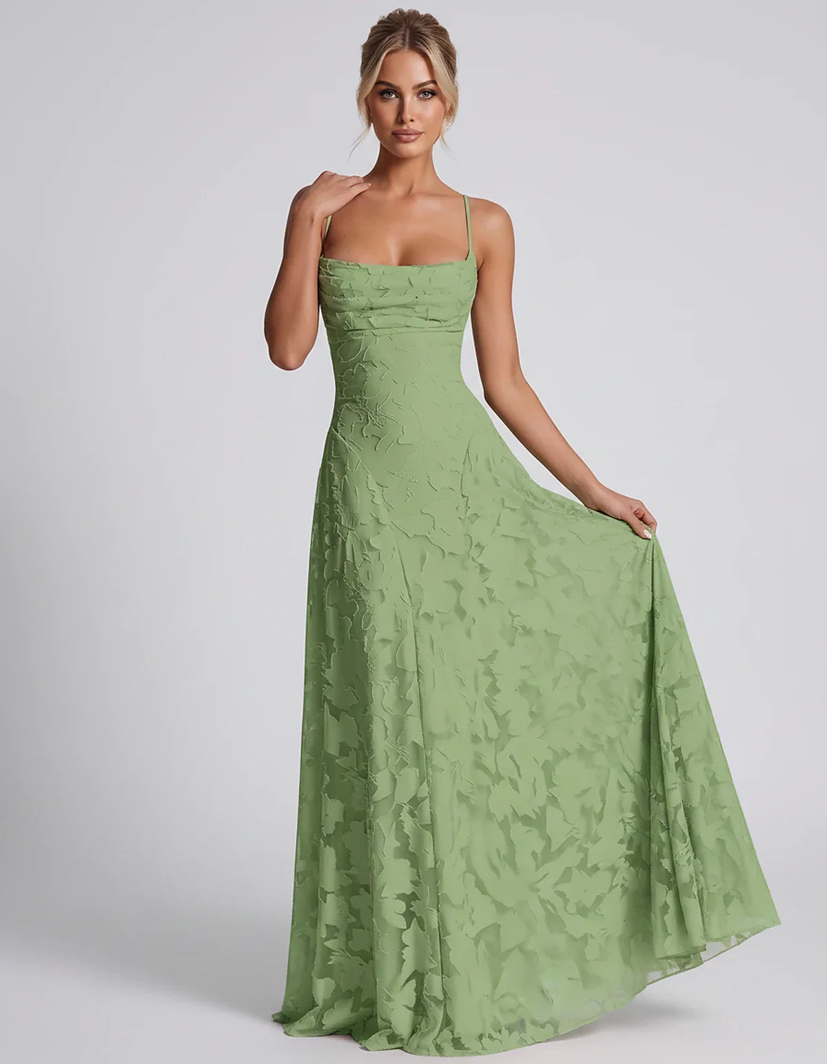 Floral Jacquard Spaghetti Strap Square Neck A-Line Maxi Dress for Party, Cocktail, Evening, Wedding Guest & Summer Events, fr | SKU: VMD-582741963085214-SAGE-L,VMD-582741963085214-SAGE-M,VMD-582741963085214-SAGE-S,VMD-582741963085214-SAGE-XL,VMD-582741963085214-SAGE-XS