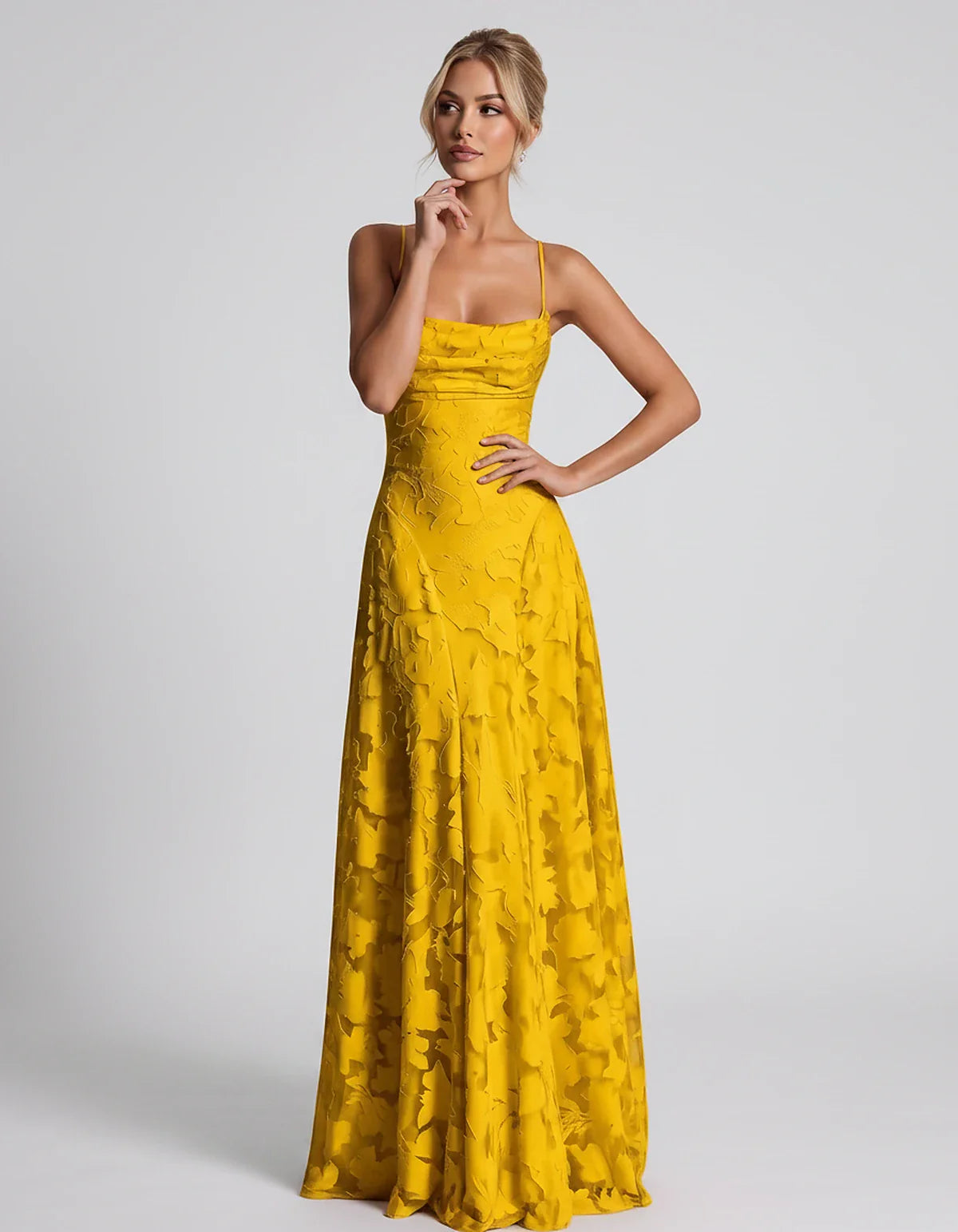 Floral Jacquard Spaghetti Strap Square Neck A-Line Maxi Dress for Party, Cocktail, Evening, Wedding Guest & Summer Events, fr | SKU: VMD-582741963085214-YELLOW-L,VMD-582741963085214-YELLOW-M,VMD-582741963085214-YELLOW-S,VMD-582741963085214-YELLOW-XL,VMD-582741963085214-YELLOW-XS