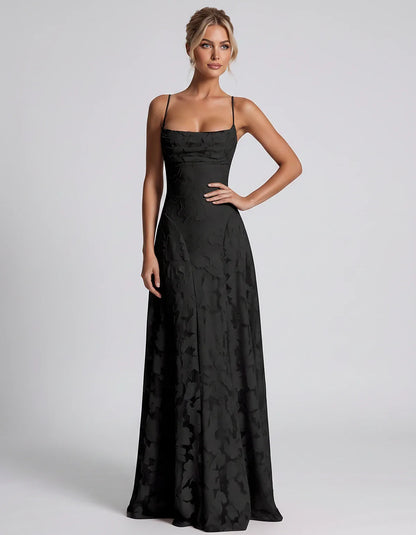 Floral Jacquard Spaghetti Strap Square Neck A-Line Maxi Dress for Party, Cocktail, Evening, Wedding Guest & Summer Events, fr | SKU: VMD-582741963085214-BLACK-L,VMD-582741963085214-BLACK-M,VMD-582741963085214-BLACK-S,VMD-582741963085214-BLACK-XL,VMD-582741963085214-BLACK-XS