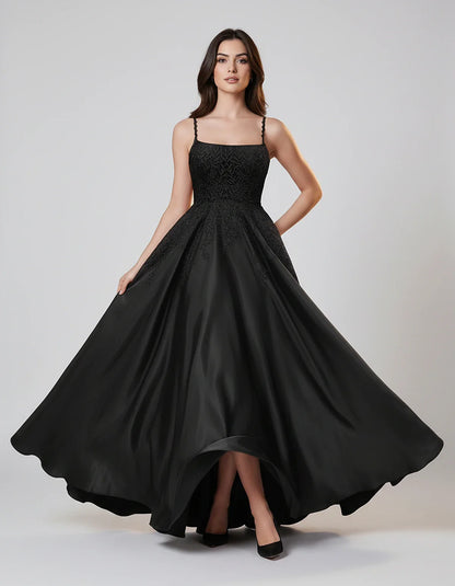 Satin Spaghetti Strap Square Neck Ball Gown Maxi Dress with Lace Appliques for Party, Cocktail, Evening, Wedding Guest & Summ | SKU: VMD-583920471628541-BLACK-L,VMD-583920471628541-BLACK-M,VMD-583920471628541-BLACK-S,VMD-583920471628541-BLACK-XL,VMD-583920471628541-BLACK-XS