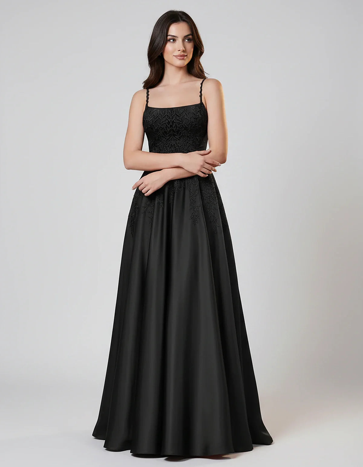 Satin Spaghetti Strap Square Neck Ball Gown Maxi Dress with Lace Appliques for Party, Cocktail, Evening, Wedding Guest & Summ | SKU: VMD-583920471628541-BLACK-L,VMD-583920471628541-BLACK-M,VMD-583920471628541-BLACK-S,VMD-583920471628541-BLACK-XL,VMD-583920471628541-BLACK-XS