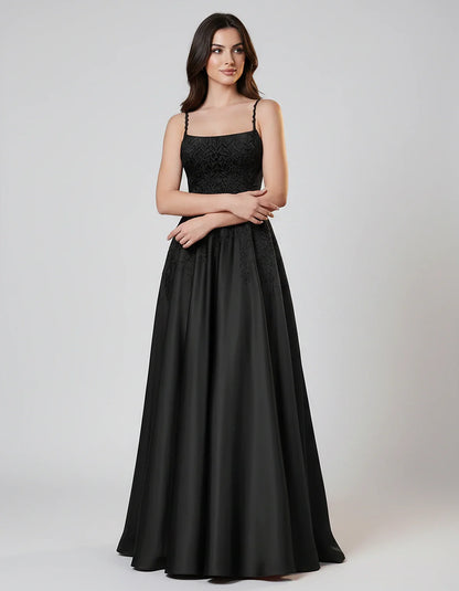 Satin Spaghetti Strap Square Neck Ball Gown Maxi Dress with Lace Appliques for Party, Cocktail, Evening, Wedding Guest & Summ | SKU: VMD-583920471628541-BLACK-L,VMD-583920471628541-BLACK-M,VMD-583920471628541-BLACK-S,VMD-583920471628541-BLACK-XL,VMD-583920471628541-BLACK-XS
