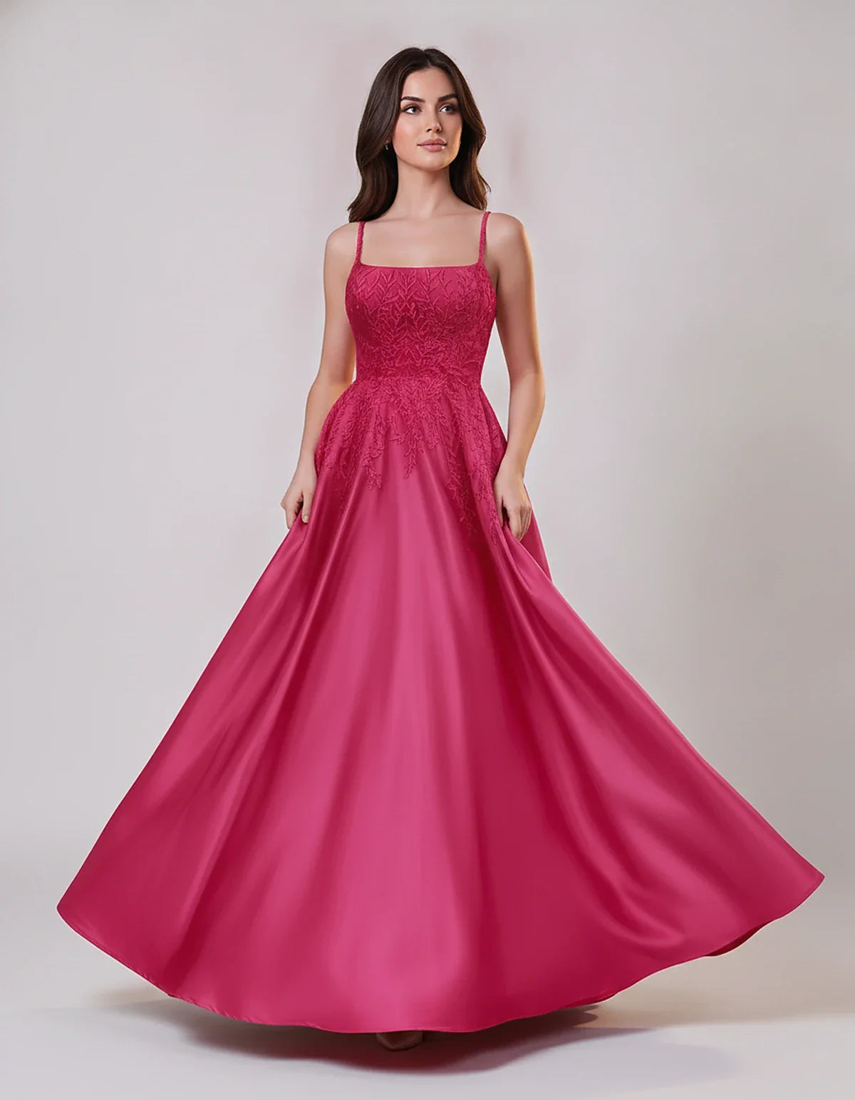 Satin Spaghetti Strap Square Neck Ball Gown Maxi Dress with Lace Appliques for Party, Cocktail, Evening, Wedding Guest & Summ | SKU: VMD-583920471628541-HOTPINK-L,VMD-583920471628541-HOTPINK-M,VMD-583920471628541-HOTPINK-S,VMD-583920471628541-HOTPINK-XL,VMD-583920471628541-HOTPINK-XS
