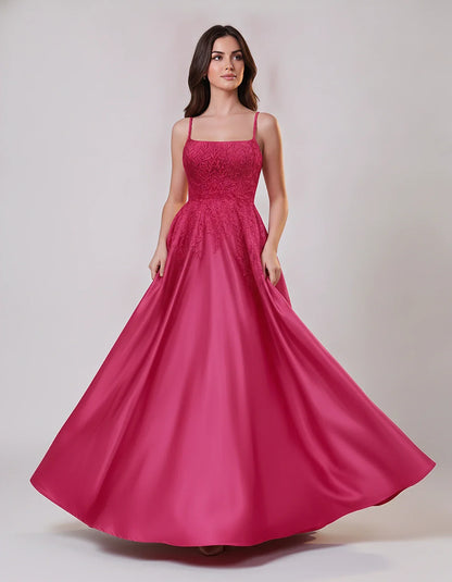 Satin Spaghetti Strap Square Neck Ball Gown Maxi Dress with Lace Appliques for Party, Cocktail, Evening, Wedding Guest & Summ | SKU: VMD-583920471628541-HOTPINK-L,VMD-583920471628541-HOTPINK-M,VMD-583920471628541-HOTPINK-S,VMD-583920471628541-HOTPINK-XL,VMD-583920471628541-HOTPINK-XS