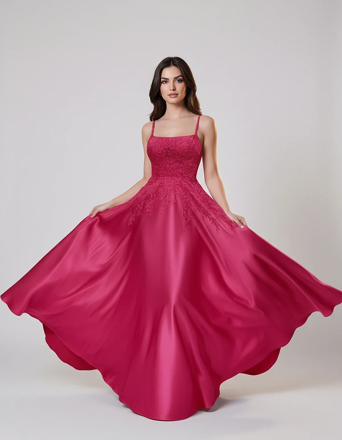 Satin Spaghetti Strap Square Neck Ball Gown Maxi Dress with Lace Appliques for Party, Cocktail, Evening, Wedding Guest & Summ | SKU: VMD-583920471628541-HOTPINK-L,VMD-583920471628541-HOTPINK-M,VMD-583920471628541-HOTPINK-S,VMD-583920471628541-HOTPINK-XL,VMD-583920471628541-HOTPINK-XS