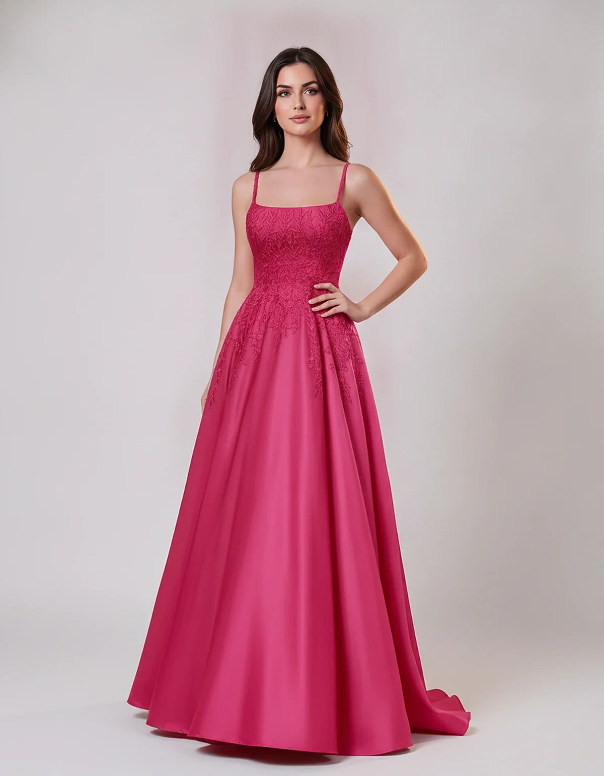Satin Spaghetti Strap Square Neck Ball Gown Maxi Dress with Lace Appliques for Party, Cocktail, Evening, Wedding Guest & Summ | SKU: VMD-583920471628541-HOTPINK-L,VMD-583920471628541-HOTPINK-M,VMD-583920471628541-HOTPINK-S,VMD-583920471628541-HOTPINK-XL,VMD-583920471628541-HOTPINK-XS