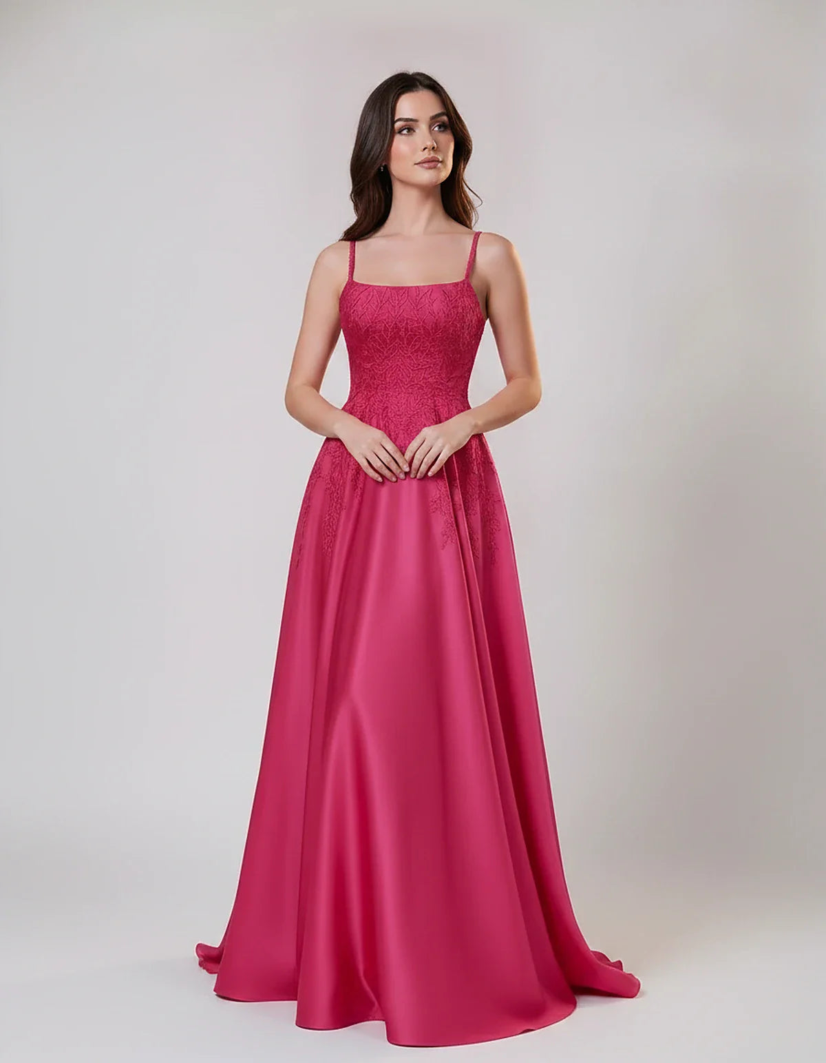 Satin Spaghetti Strap Square Neck Ball Gown Maxi Dress with Lace Appliques for Party, Cocktail, Evening, Wedding Guest & Summ | SKU: VMD-583920471628541-HOTPINK-L,VMD-583920471628541-HOTPINK-M,VMD-583920471628541-HOTPINK-S,VMD-583920471628541-HOTPINK-XL,VMD-583920471628541-HOTPINK-XS
