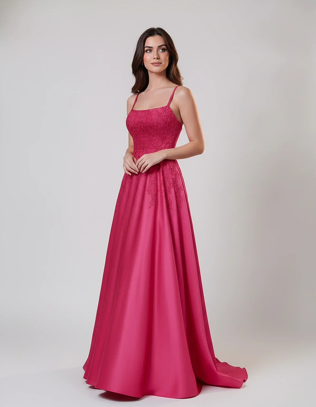 Satin Spaghetti Strap Square Neck Ball Gown Maxi Dress with Lace Appliques for Party, Cocktail, Evening, Wedding Guest & Summ | SKU: VMD-583920471628541-HOTPINK-L,VMD-583920471628541-HOTPINK-M,VMD-583920471628541-HOTPINK-S,VMD-583920471628541-HOTPINK-XL,VMD-583920471628541-HOTPINK-XS