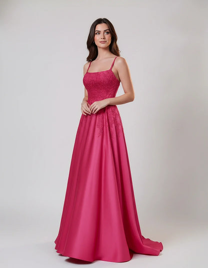 Satin Spaghetti Strap Square Neck Ball Gown Maxi Dress with Lace Appliques for Party, Cocktail, Evening, Wedding Guest & Summ | SKU: VMD-583920471628541-HOTPINK-L,VMD-583920471628541-HOTPINK-M,VMD-583920471628541-HOTPINK-S,VMD-583920471628541-HOTPINK-XL,VMD-583920471628541-HOTPINK-XS