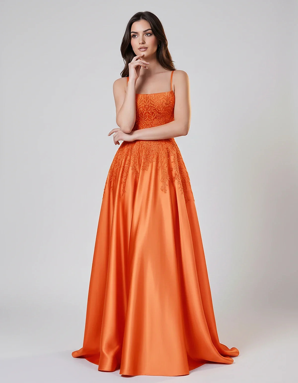 Satin Spaghetti Strap Square Neck Ball Gown Maxi Dress with Lace Appliques for Party, Cocktail, Evening, Wedding Guest & Summ | SKU: VMD-583920471628541-ORANGE-L,VMD-583920471628541-ORANGE-M,VMD-583920471628541-ORANGE-S,VMD-583920471628541-ORANGE-XL,VMD-583920471628541-ORANGE-XS